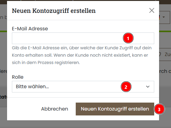 Servercow Kundenportal, Auszug der Benutzerverwaltung Seite, Formular zum Erstellen eines Kontozugriffs