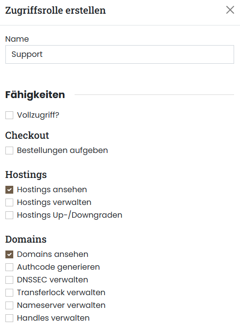 Servercow Kundenportal, Auszug der Benutzerverwaltung Seite, Formular zum Erstellen einer Zugriffsrolle