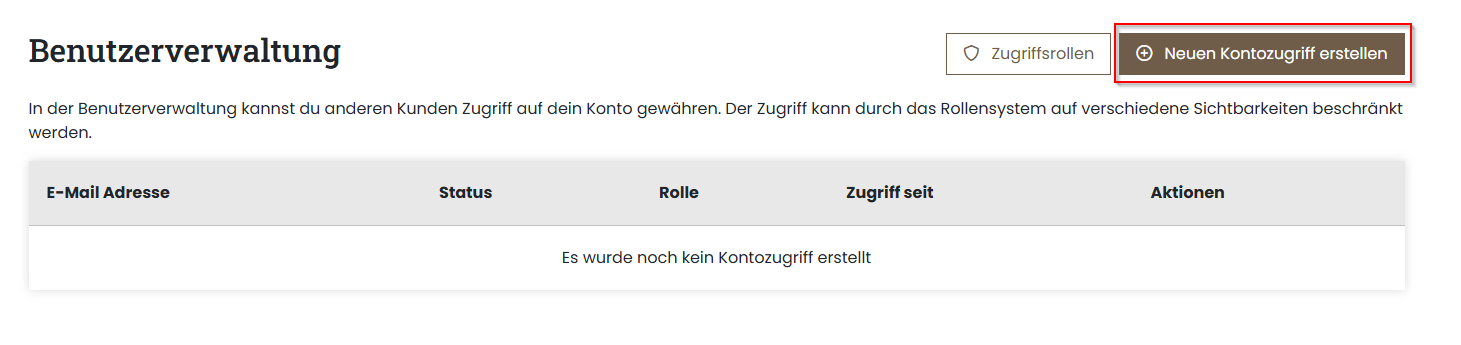 Servercow Kundenportal, Benutzerverwaltung Seite, Button "Kontozugriff erstellen" markiert
