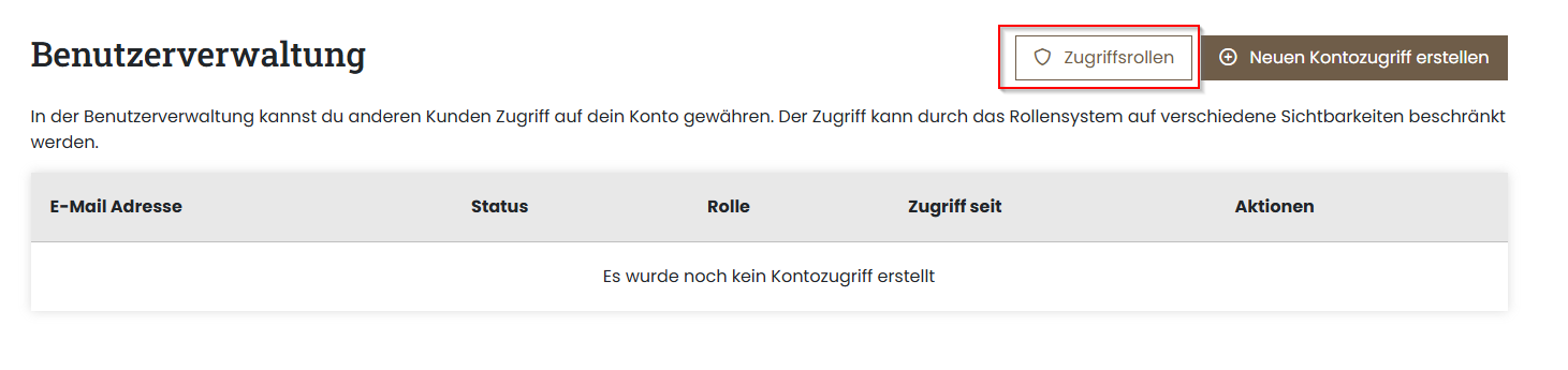 Servercow Kundenportal, Benutzerverwaltung Seite, Button "Zugriffsrollen" markiert