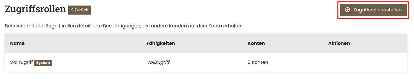 Servercow Kundenportal, Benutzerverwaltung Seite, Übersicht der Zugriffsrollen, Button "Zugriffsrolle erstellen" markiert