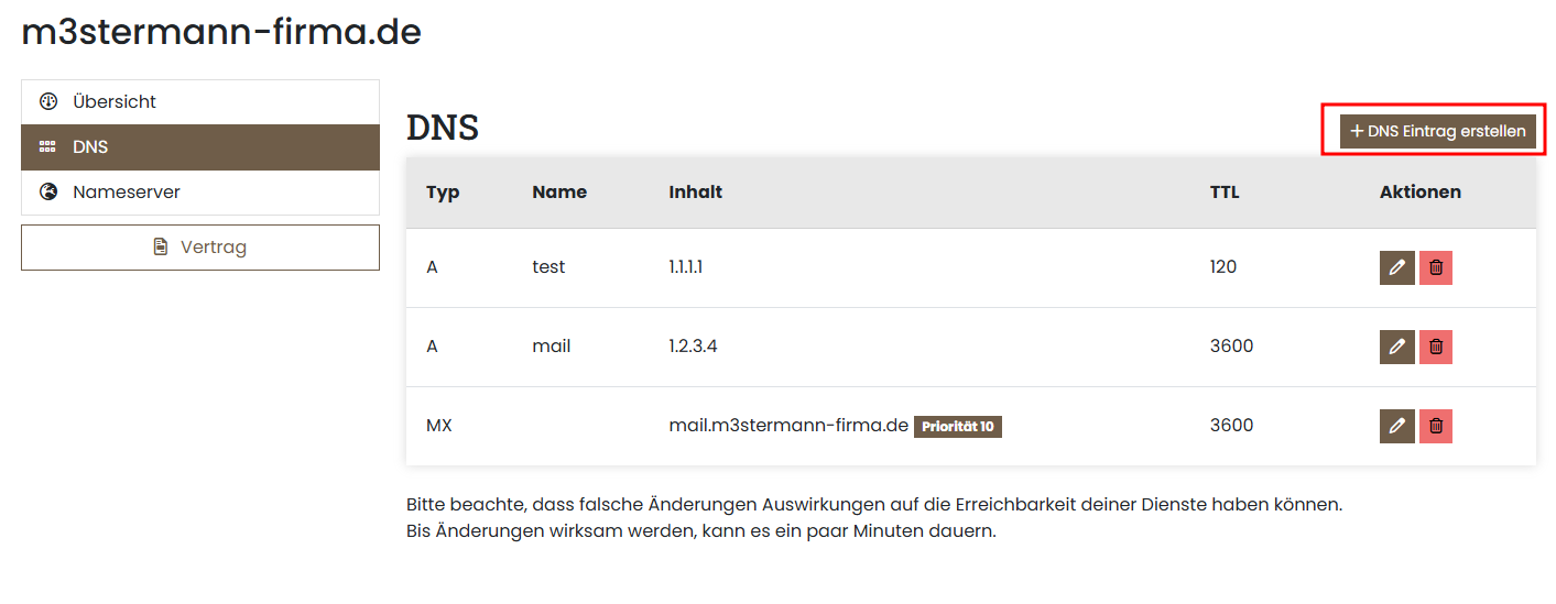 Beispielansicht des DNS Editors im Kundenportal