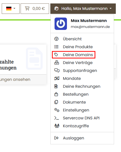 Dropdown-Menü im Kundenportal mit ausgewähltem Punkt "Meine Domains"