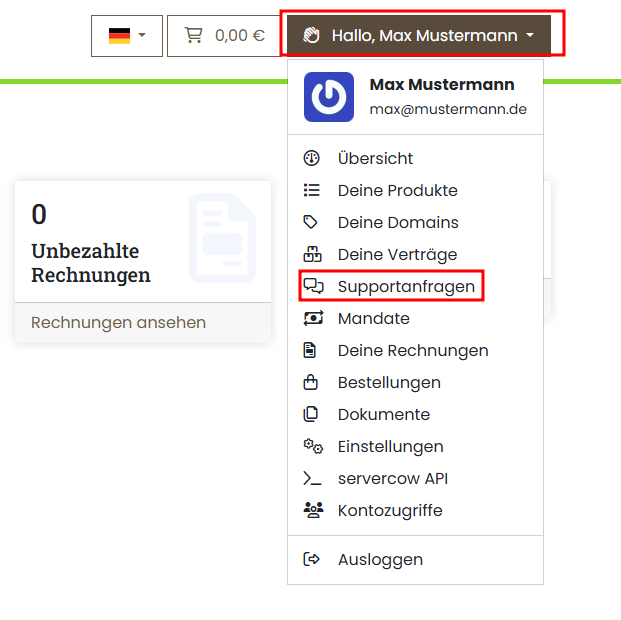 Servercow Kundenportal, Markierung auf "Ticket eröffnen" gesetzt