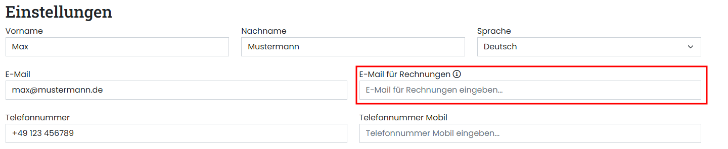 Screenshot der Kontoeinstellungen im Kundenportal. Eingabefeld für E-Mail-Adresse mit dem Label ‚E-Mail für Rechnungen'