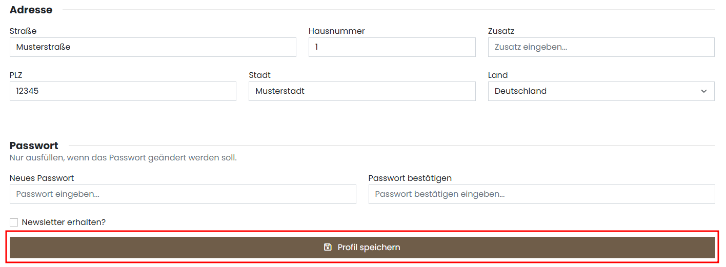 Screenshot der Kontoeinstellungen im Kundenportal. Button ‚Profil speichern‘