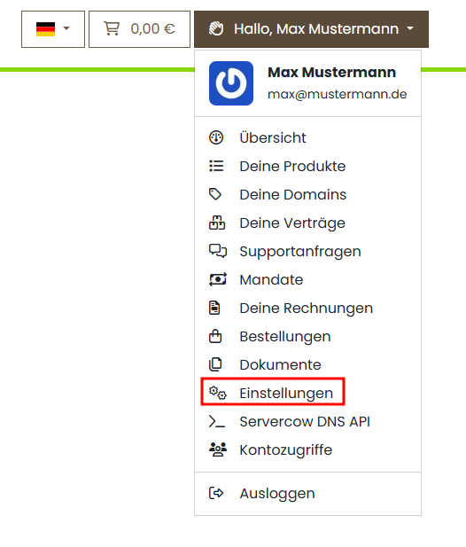 Servercow Kundenportal, Dropdown, auswahl auf "Einstellungen"