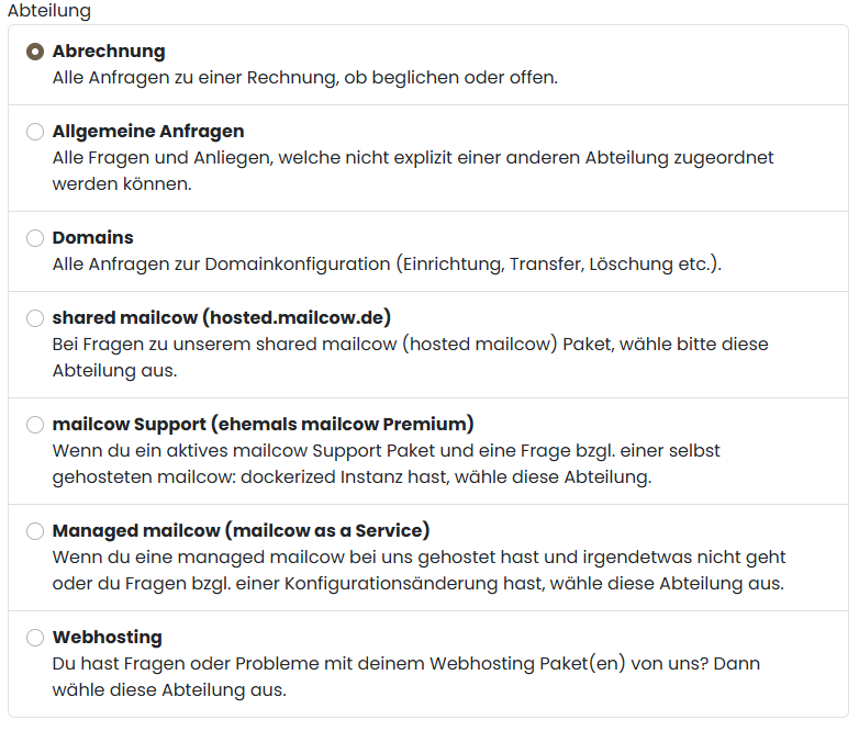 Servercow Kundenportal, Übersicht der Ticket-Themen