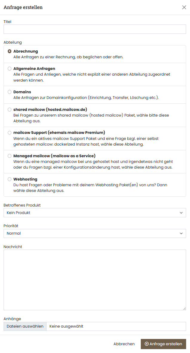 Servercow Kundenportal, Seite zur Ticket-Komposition