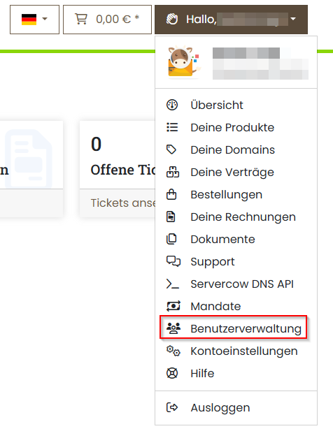 Servercow Kundenportal, Dropdown, auswahl auf "Benutzerverwaltung"