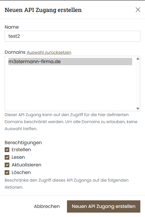 Formular zum Erstellen eines neuen DNS API Zugangs im Kundenportal