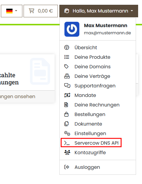 Dropdown-Menü im Kundenportal mit ausgewähltem Punkt "Servercow DNS-API"