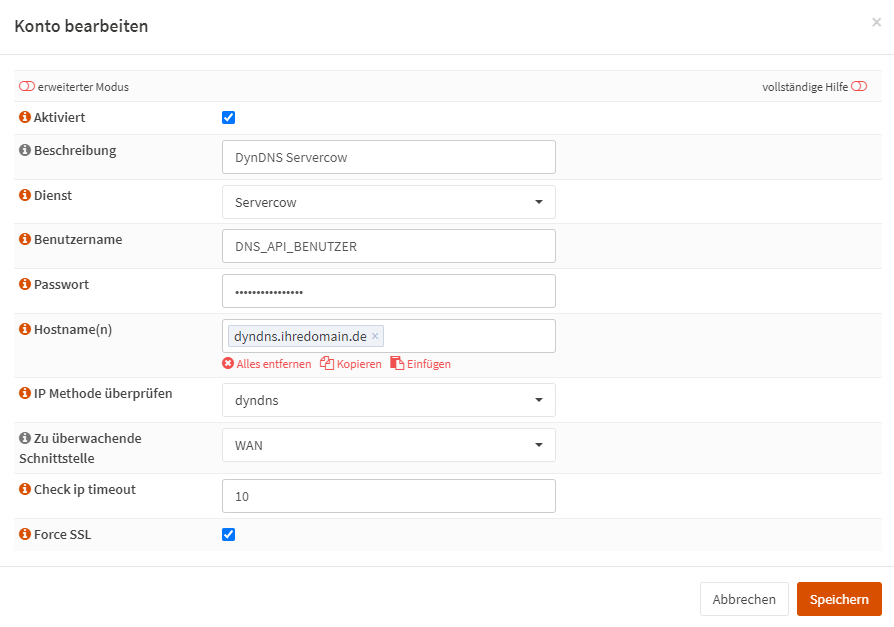 OPNsense DynDNS Menü. Konten Einstellungen mit Beispieldaten befüllt