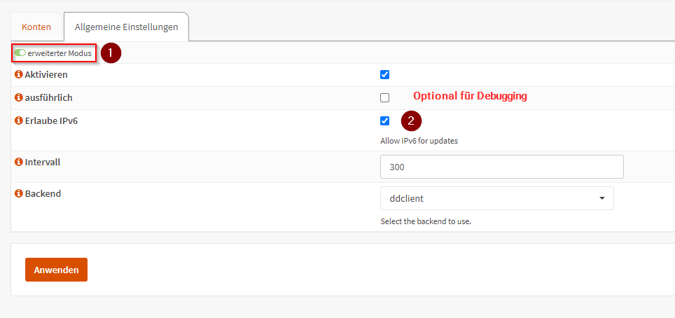 OPNsense DynDNS Menü. Allgemeine Einstellungen.