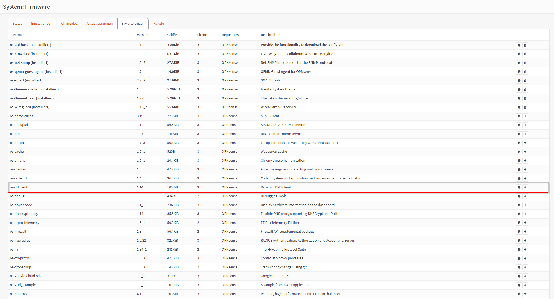OPNsense Firmware Menü. Unterpunkt Erweiterungen DDNS-Plugin farblich gekennzeichnet