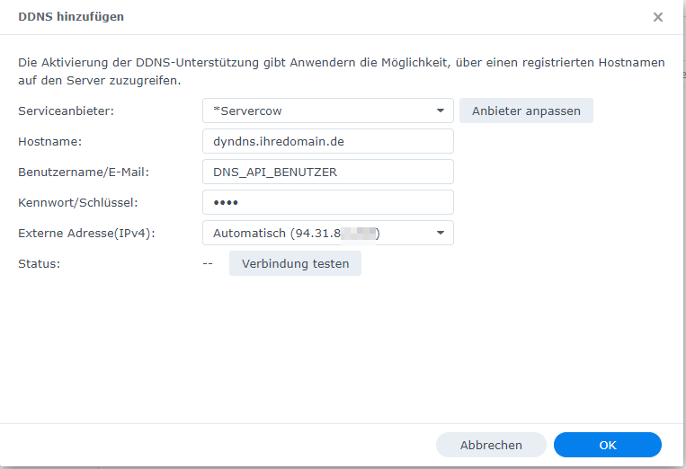 Synology NAS DynDNS Hinzufügen Menü. Formular mit Beispieldaten ausgefüllt