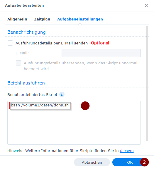 Synology NAS Aufgabenplaner Tab Aufgabeneinstellungen
