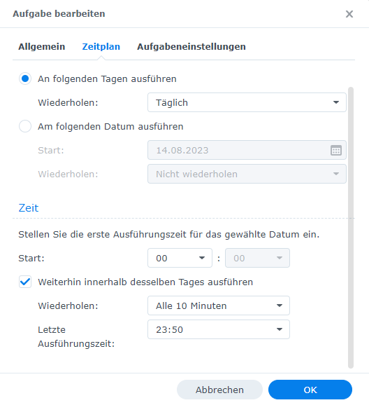 Synology NAS Aufgabenplaner Tab Zeitplan