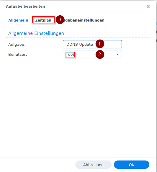 Synology NAS Aufgabenplaner Tab Ausführen als
