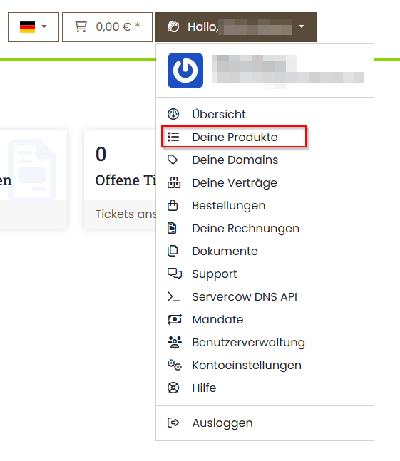 Dropdown "Deine Produkte" im Servercow-Kundenportal