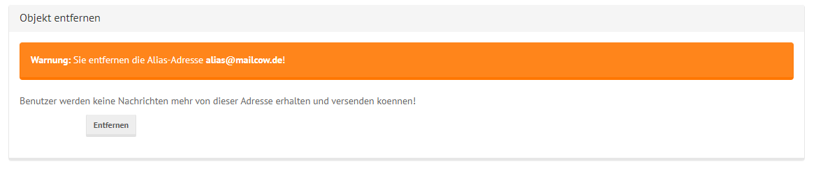 shared mailcow Alias Löschen Fenster mit Bestätigungsanfrage zum löschen.