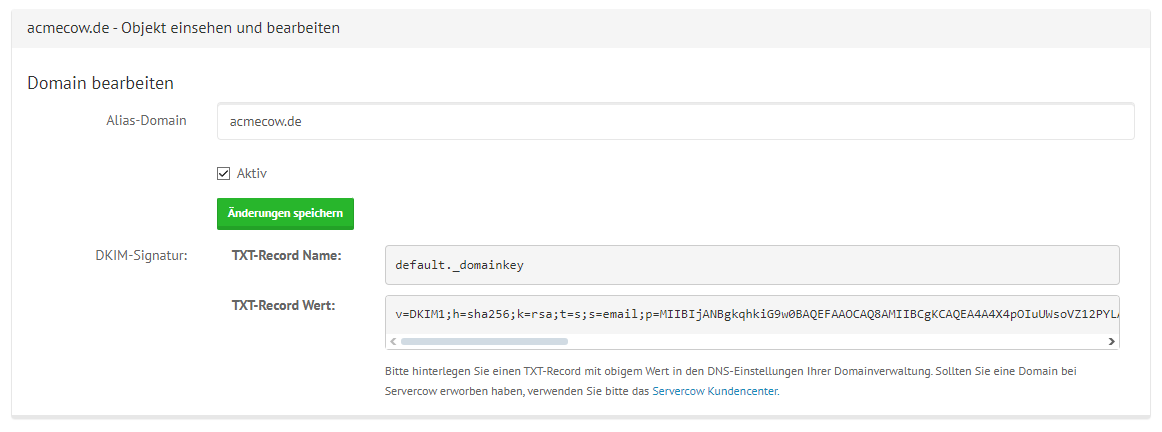 shared mailcow Domain-Alias Bearbeiten Fenster mit Beispieldaten ausgefüllt