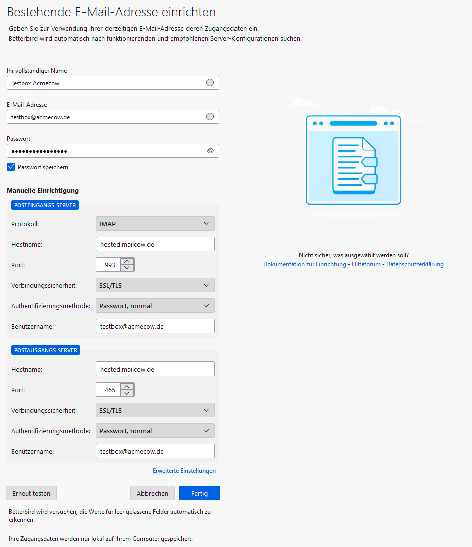 Thunderbird E-Mail Konto hinzufügen Assistent, mit Beispiel Daten ausgefüllt. Neben den Mailbox Daten sind auch IMAP und SMTP Server samt Port und Verschlüsselungstyp eingegeben