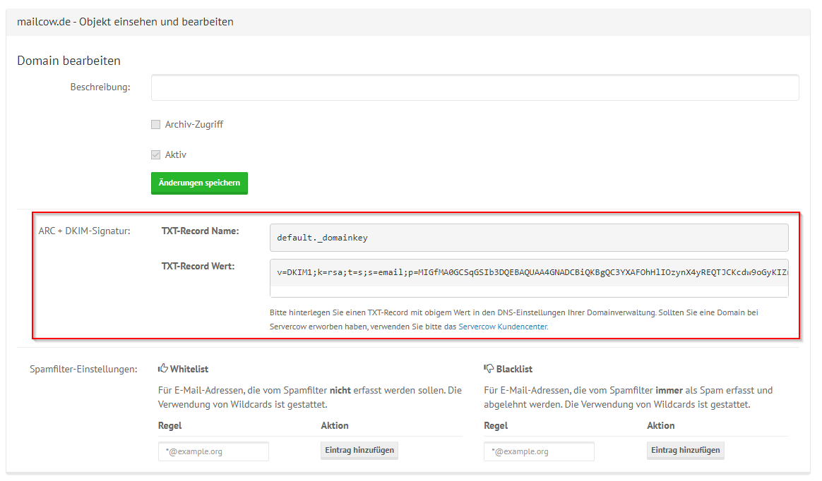 shared mailcow Domain Bearbeiten Ansicht. Markierung auf das ARC + DKIM Signatur Feld gelegt