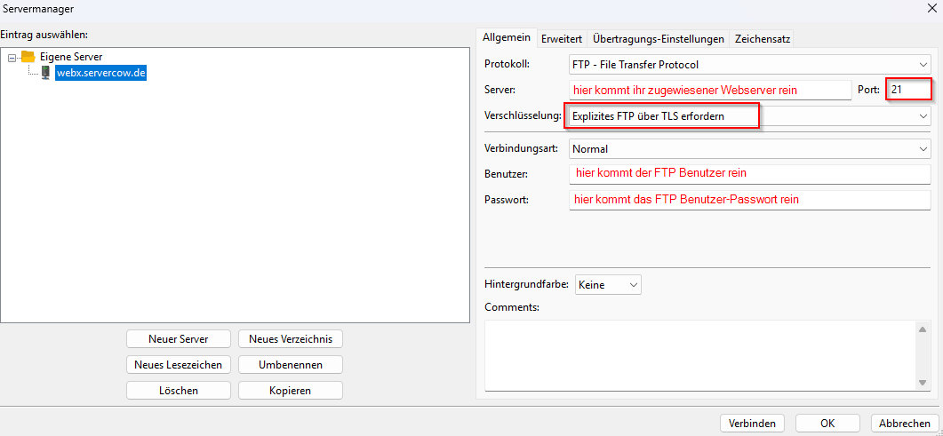 Beispiel FileZilla Servermanager Konfiguration