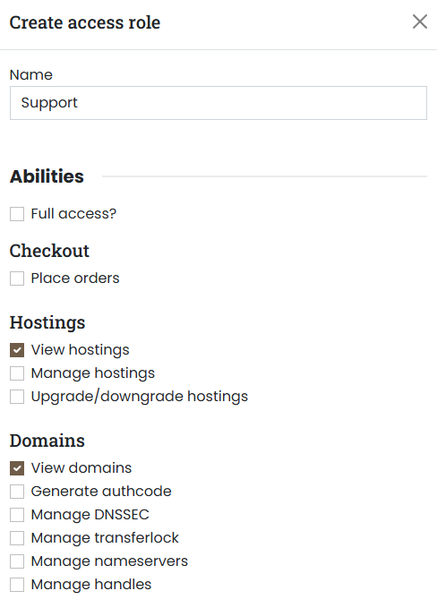 Servercow customer portal, excerpt of User Management page, form for creating an access role