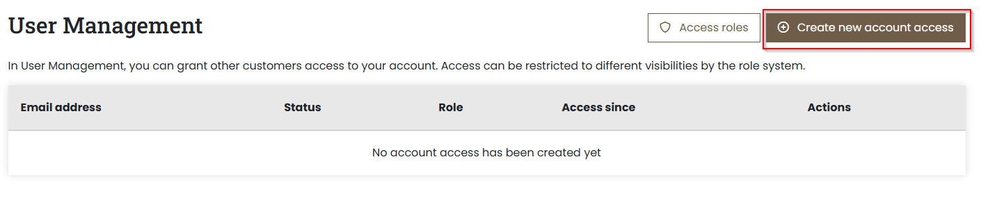 Servercow customer portal, User Management page, "Create new account access" button highlighted