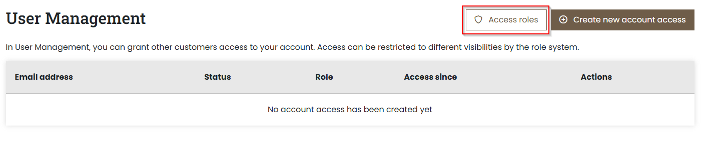 Servercow customer portal, User Management page, "Access Roles" button highlighted