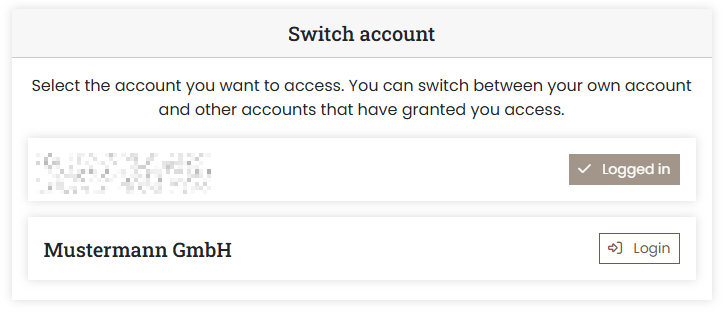 Servercow customer portal, Switch Account menu with overview of available accounts