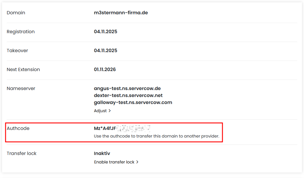 Domain detail view in the customer portal with the "Generate authcode" button highlighted