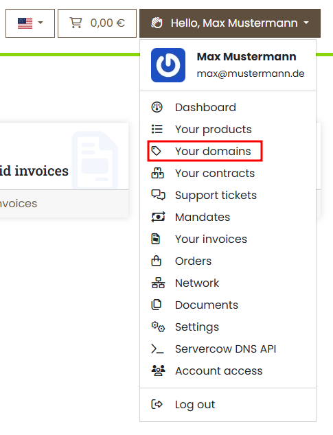 Dropdown menu in the customer portal with "My Domains" selected