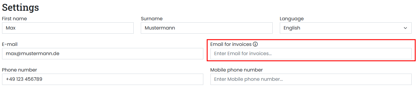 Screenshot of account settings in the customer portal. Input field for email address with the label 'Invoice email'