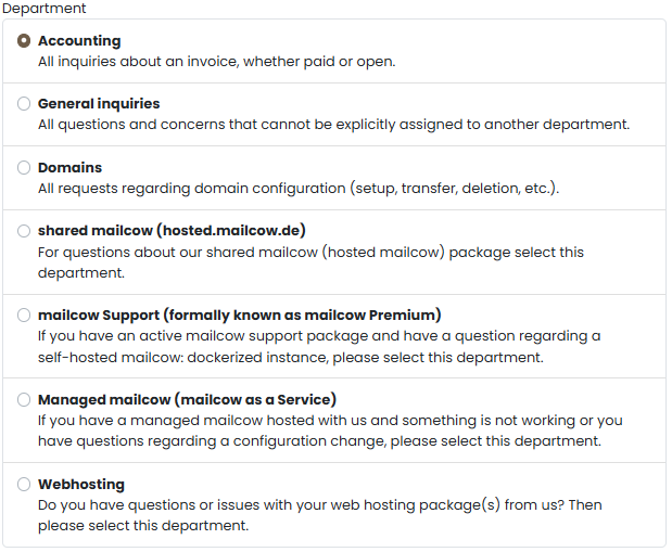 Servercow customer portal, overview of ticket categories