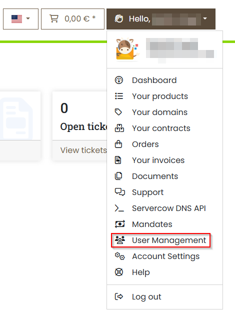 Servercow customer portal, dropdown, selection on "User Management"