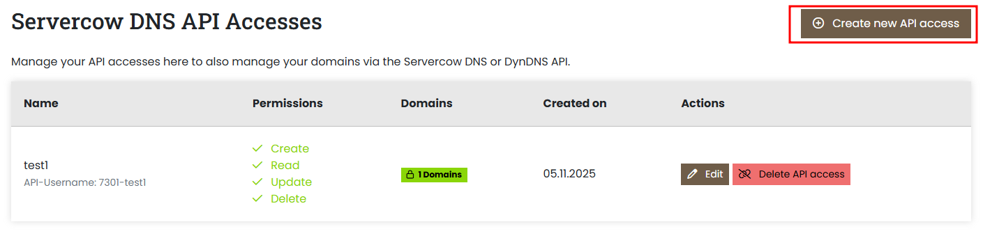 Overview of DNS API accesses in the customer portal with the "Create new DNS API access" button highlighted