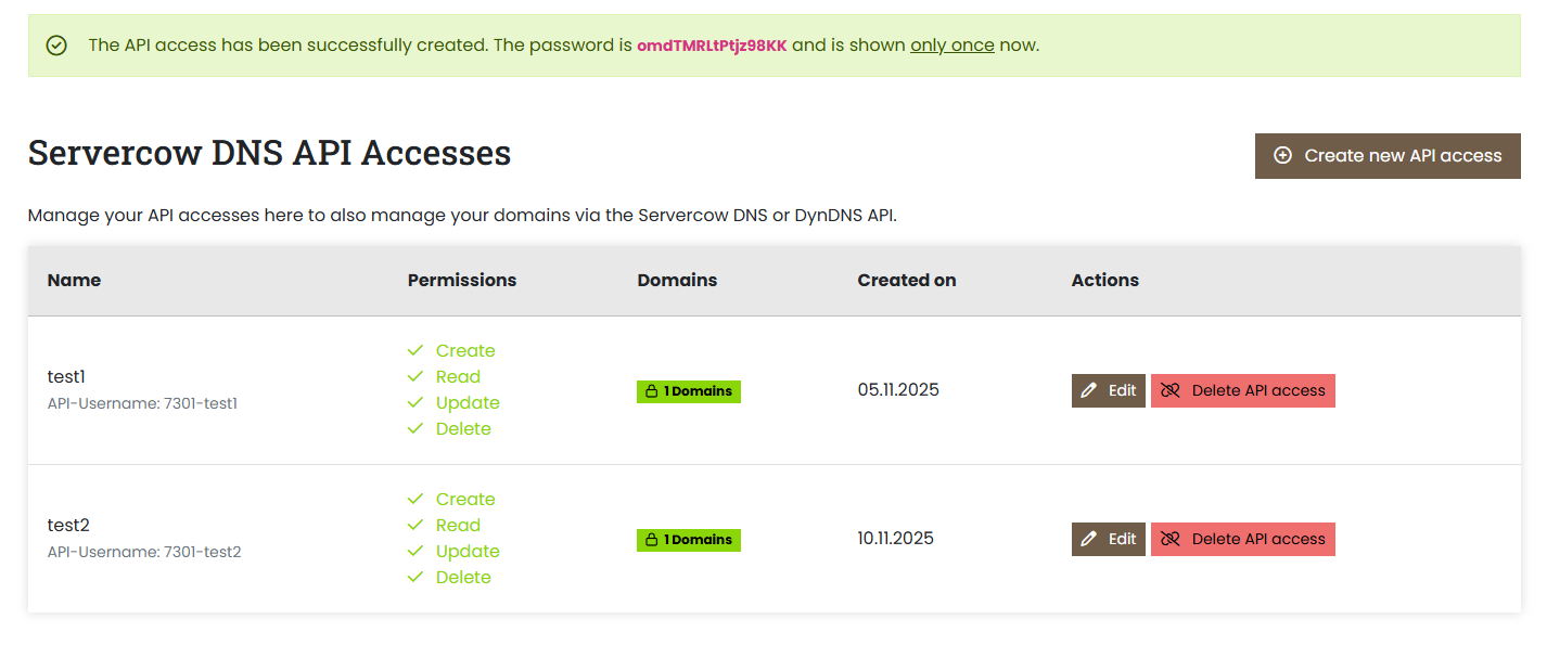 Confirmation message with the credentials of the new DNS API access