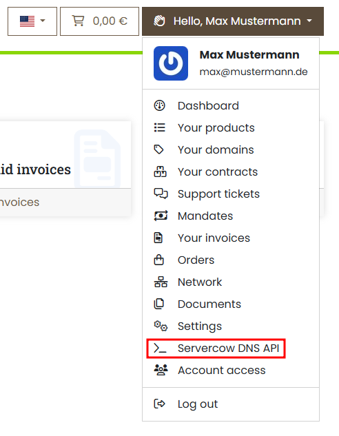 Customer portal dropdown menu with selected item "Servercow DNS-API"