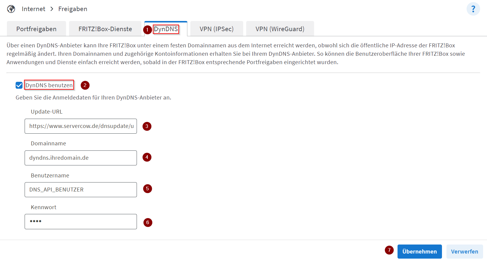 FRITZ!Box Permit Access Page. Selected tab: DynDNS. Checkmark at Use DynDNS active. Completed form data for DynDNS usage based on sample data.