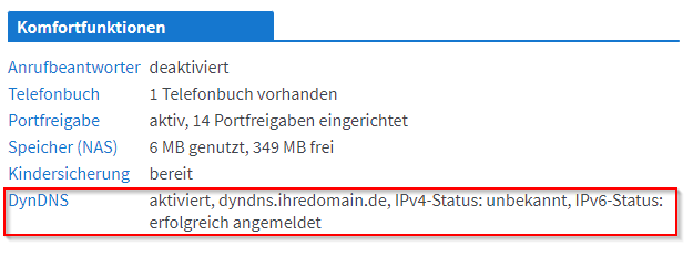 FRITZ!Box start page. Information DynDNS: status activated. IPv6 logged in