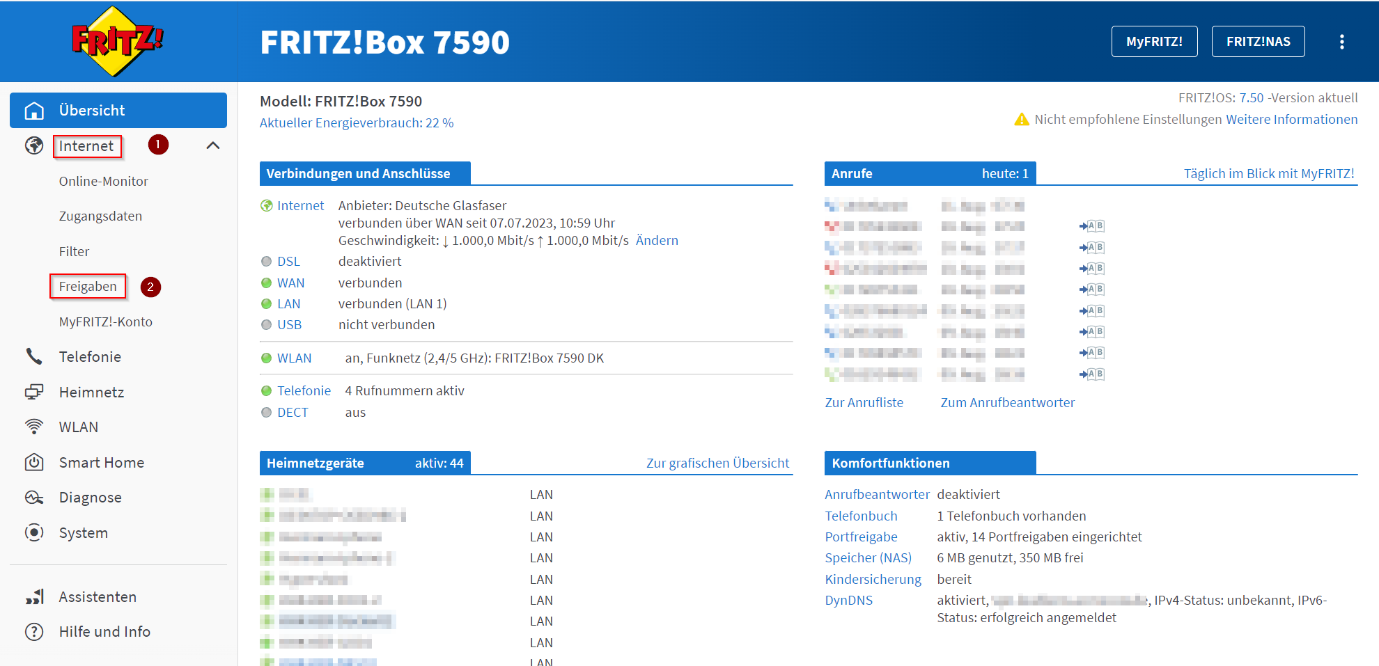 FRITZ!Box Start Page. Internet dropdown expanded, Permit Access highlighted