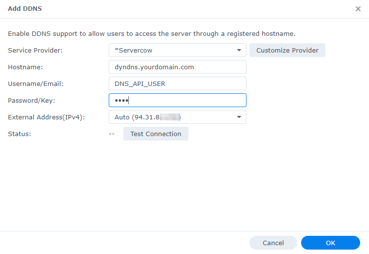 Synology NAS DynDNS Addition Menu. Form filled with Example Data