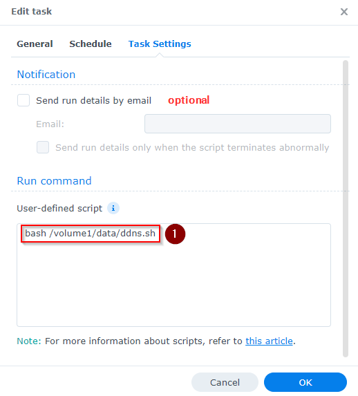 Synology NAS Aufgabenplaner Tab Aufgabeneinstellungen