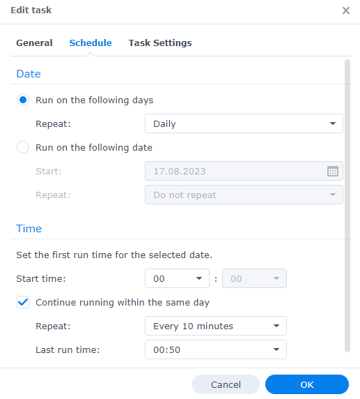 Synology NAS Aufgabenplaner Tab Zeitplan