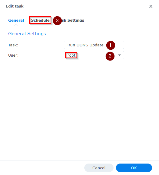 Synology NAS Task Scheduler Tab Run as