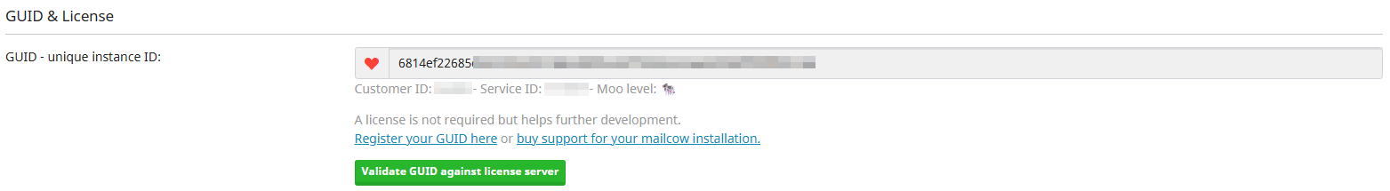 Validated mailcow SAL in the mailcow UI