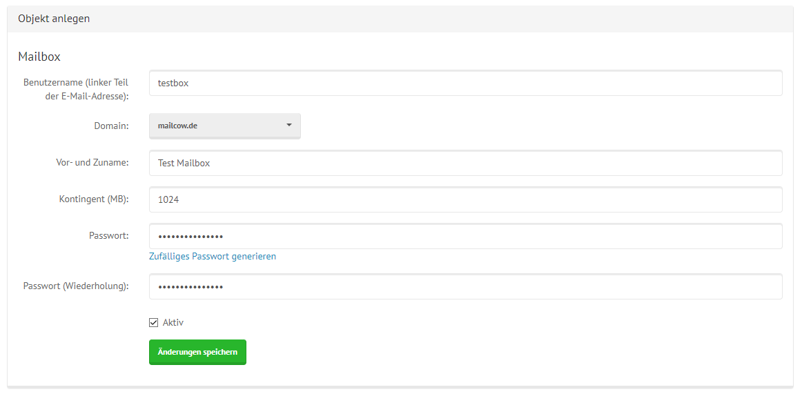 shared mailcow Mailbox Creation Window filled with example data